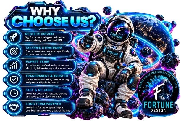 Why Choose Us? Fortune Design graphic highlighting results, tailored strategies, expertise, transparency, reliability and long-term partnership