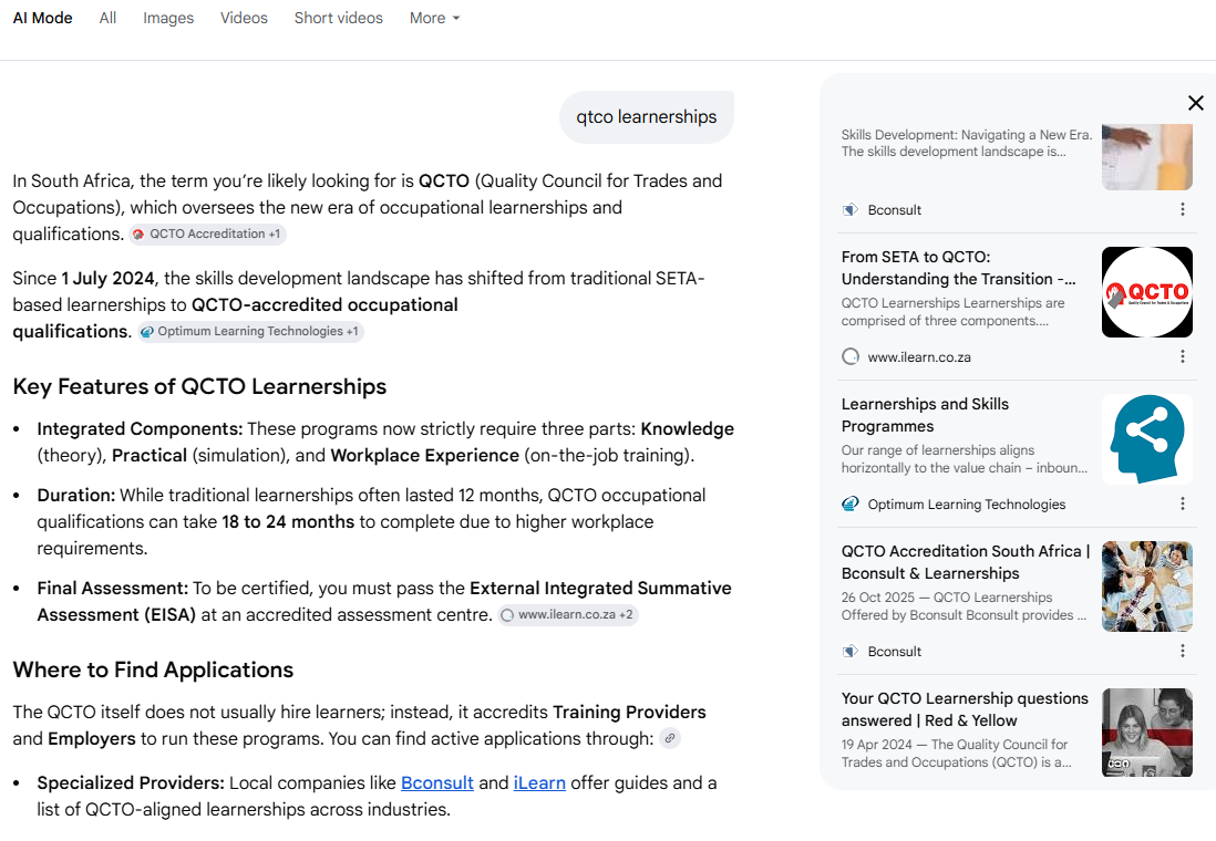 BConsult AI Overview result for "qcto learnerships"