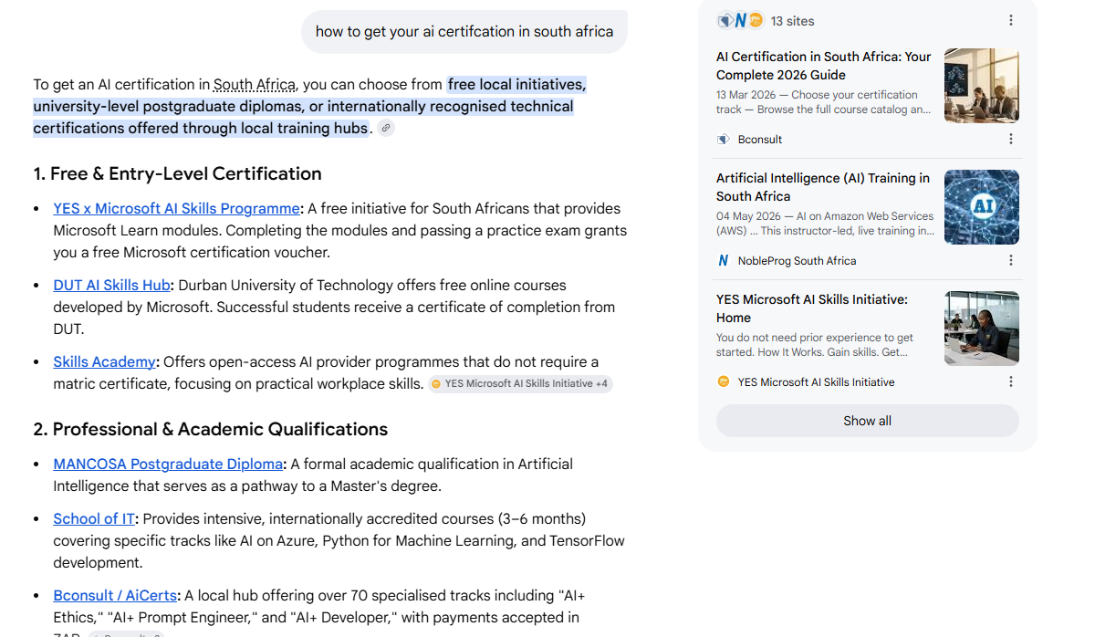 BConsult AI Overview result for "how to get your ai certification in south africa"