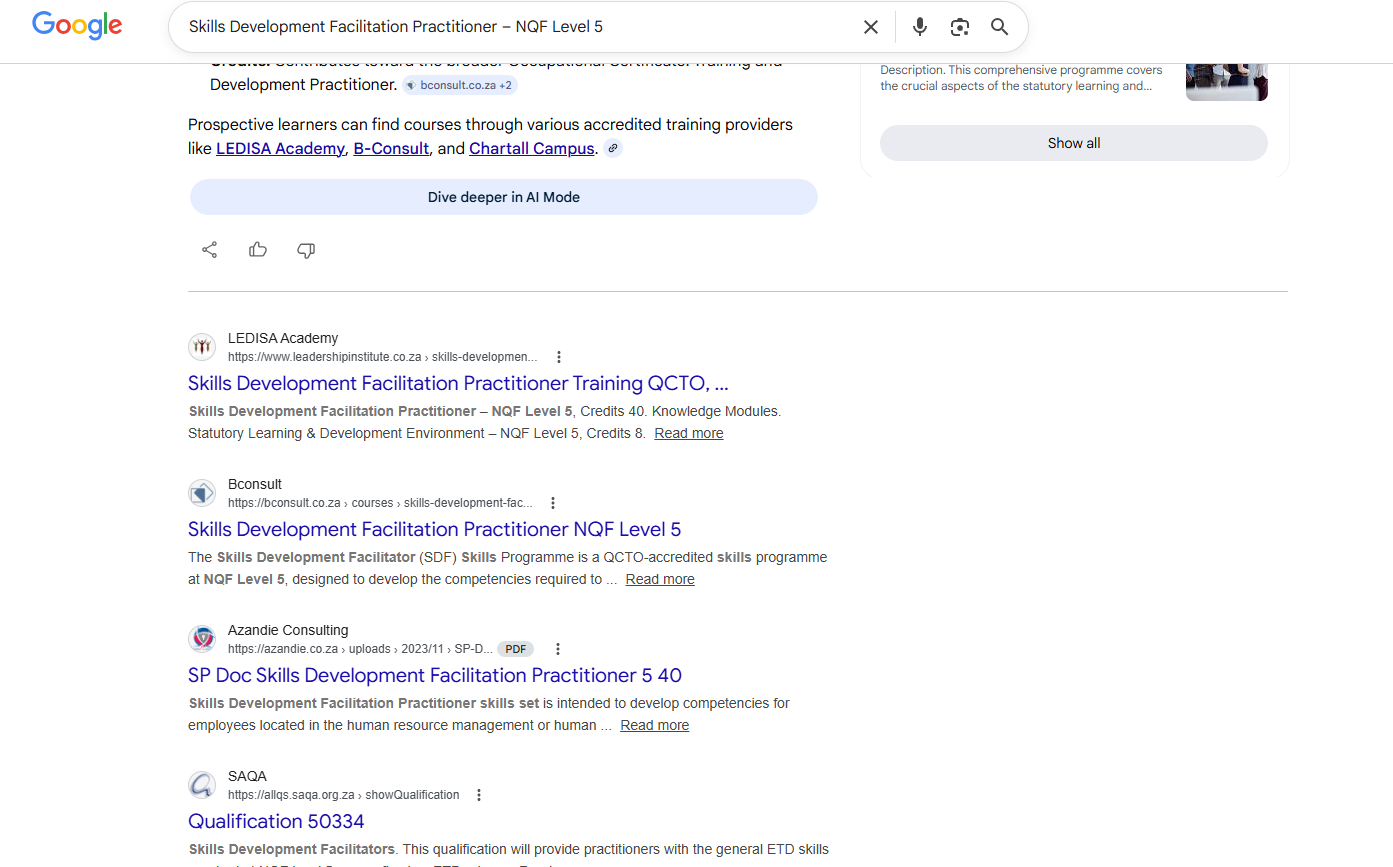 BConsult Google search results for "Skills Development Facilitation Practitioner – NQF Level 5"