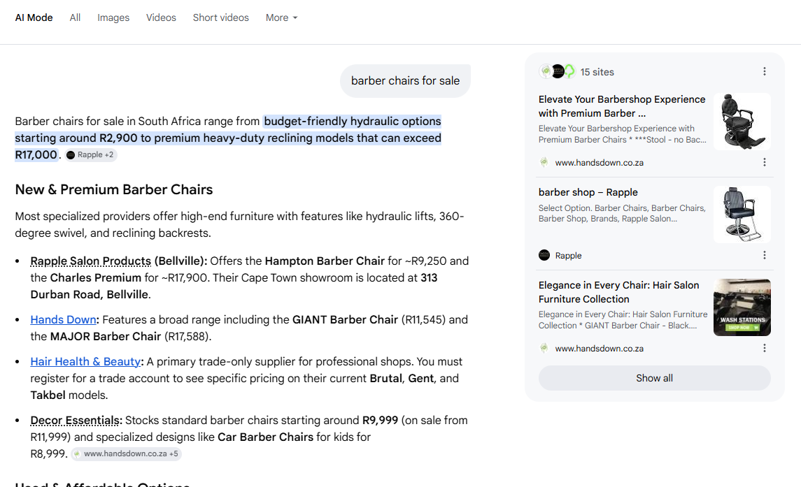 Rapple Salon Products AI Overview result for "barber chairs for sale"