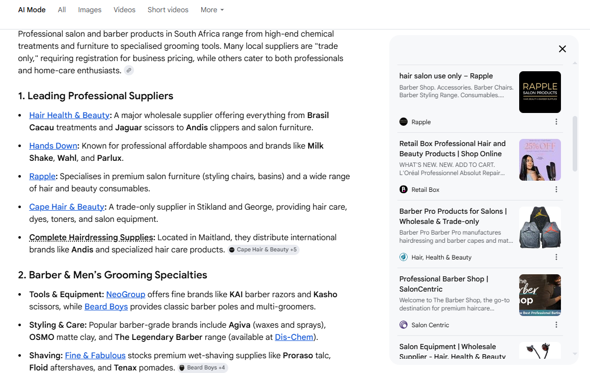Rapple Salon Products AI Overview result for "professional salon and barber products south africa"
