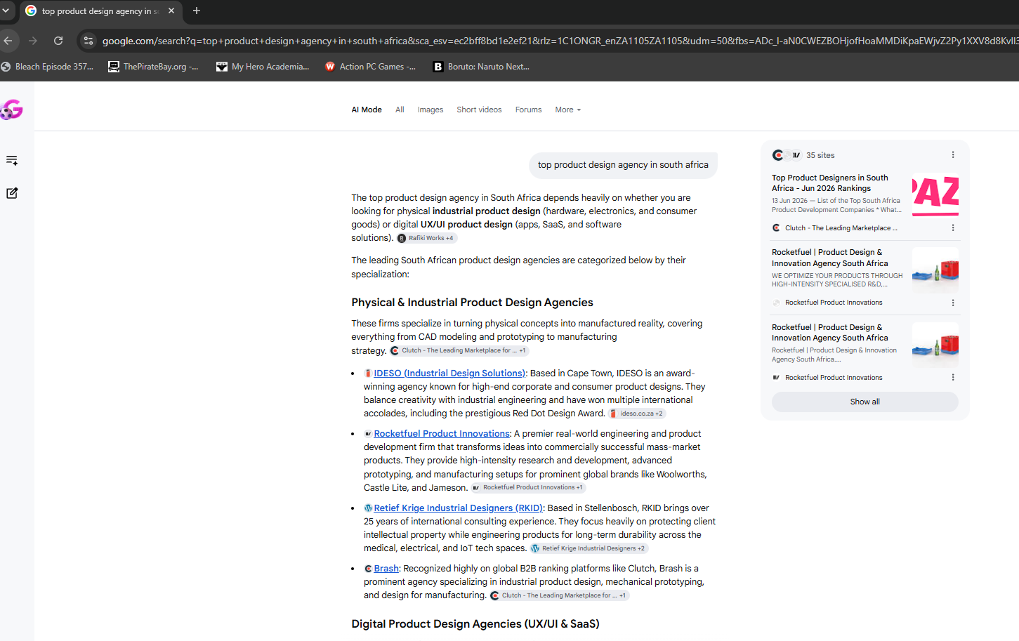 Rocketfuel Product Innovations AI Overview result for "top product design agency in south africa"