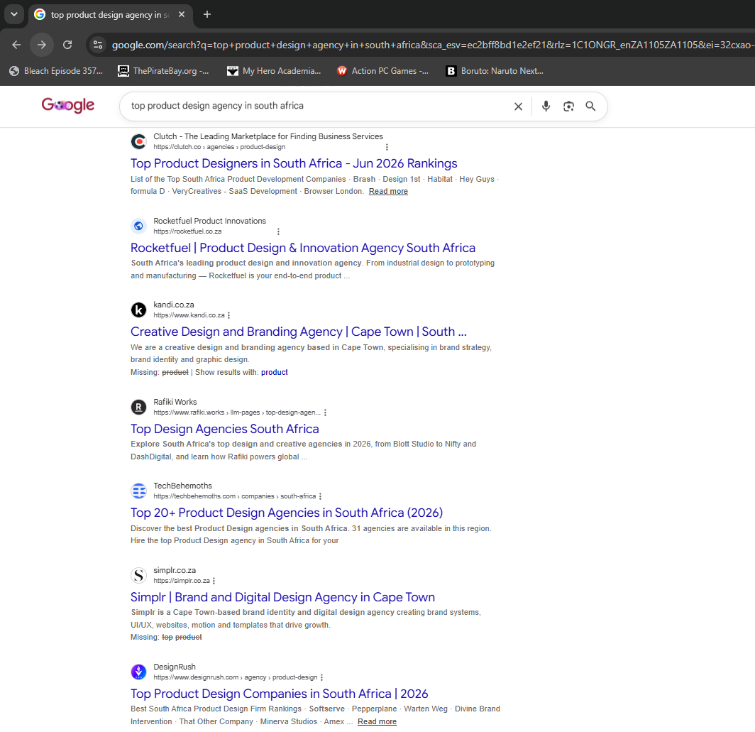 Rocketfuel Product Innovations Google search results for "top product design agency in south africa"