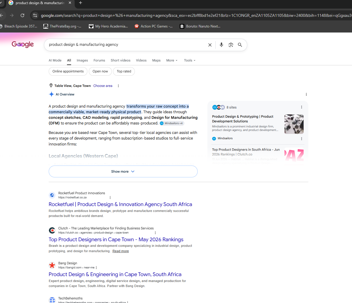 Rocketfuel Product Innovations Google search results for "product design & manufacturing agency"