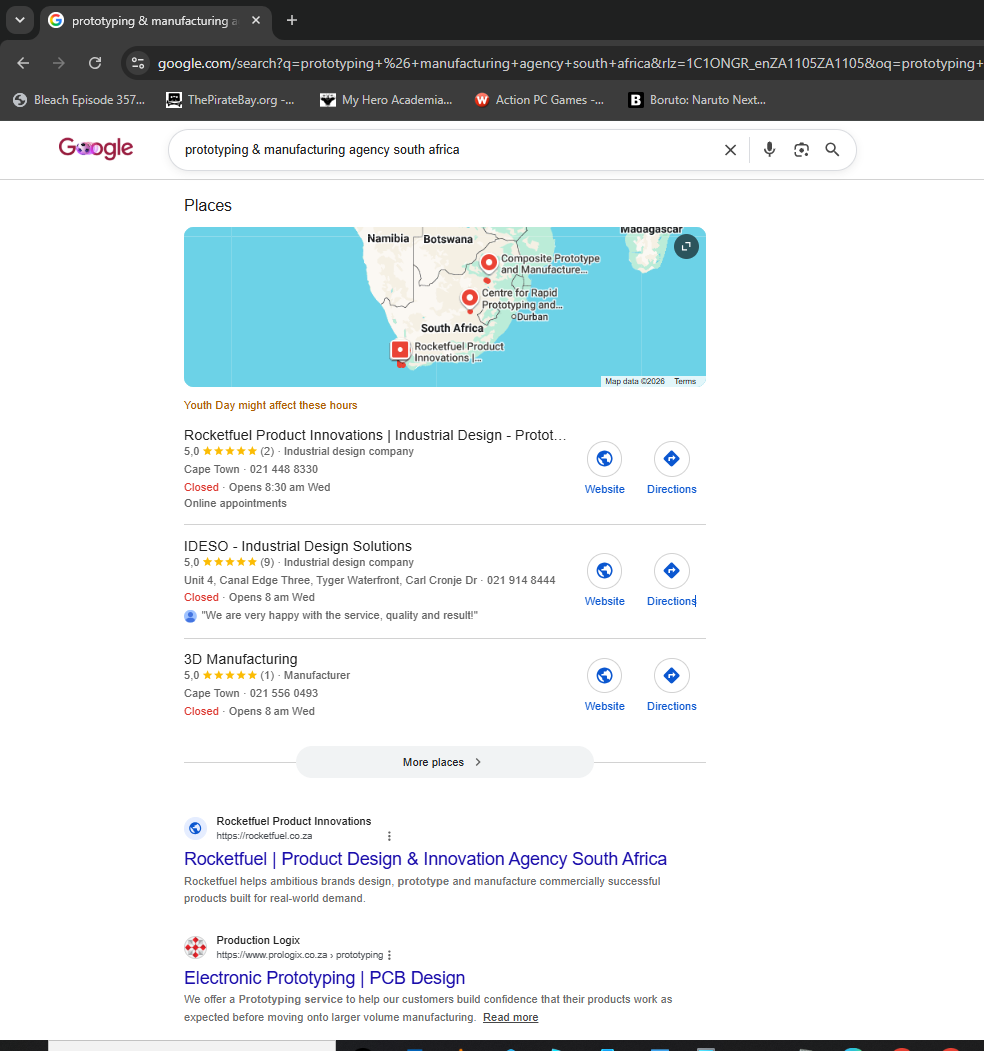 Rocketfuel Product Innovations Google search results for "prototyping & manufacturing agency south africa"