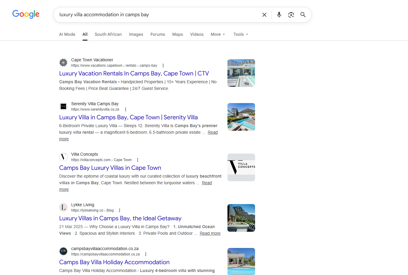 Serenity Villa Google search results for "luxury villa accommodation in camps bay"