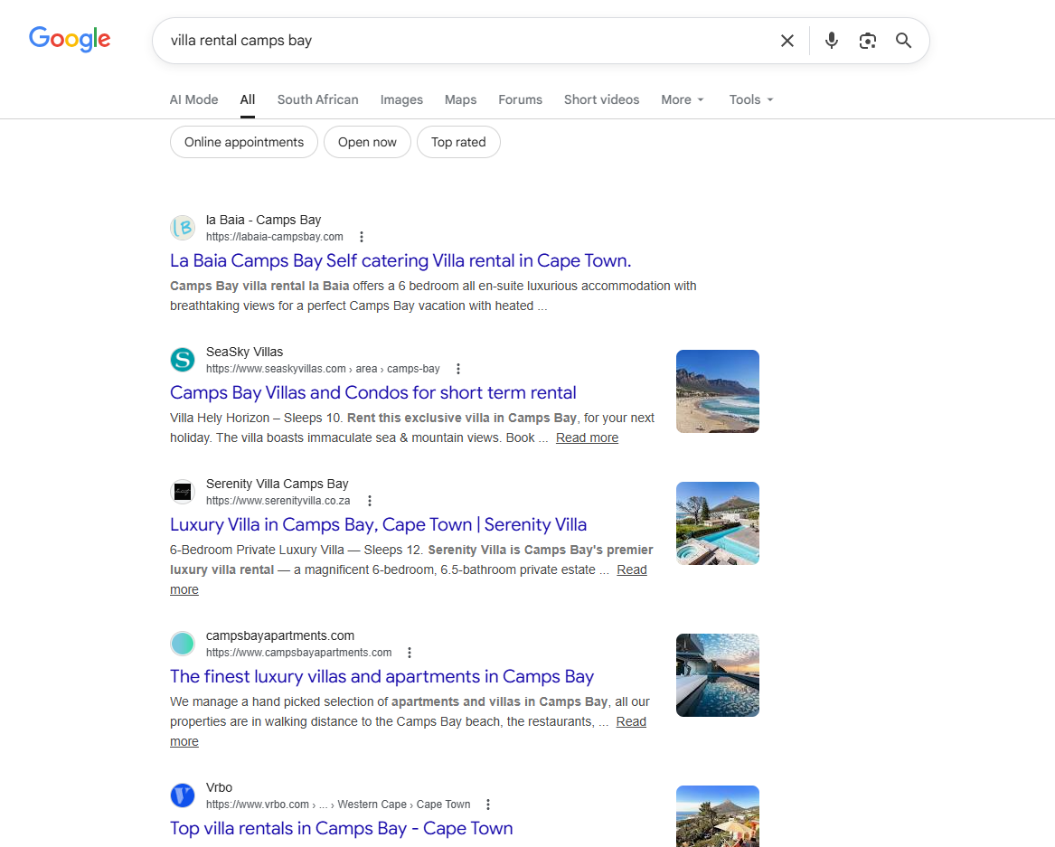 Serenity Villa Google search results for "villa rental camps bay"