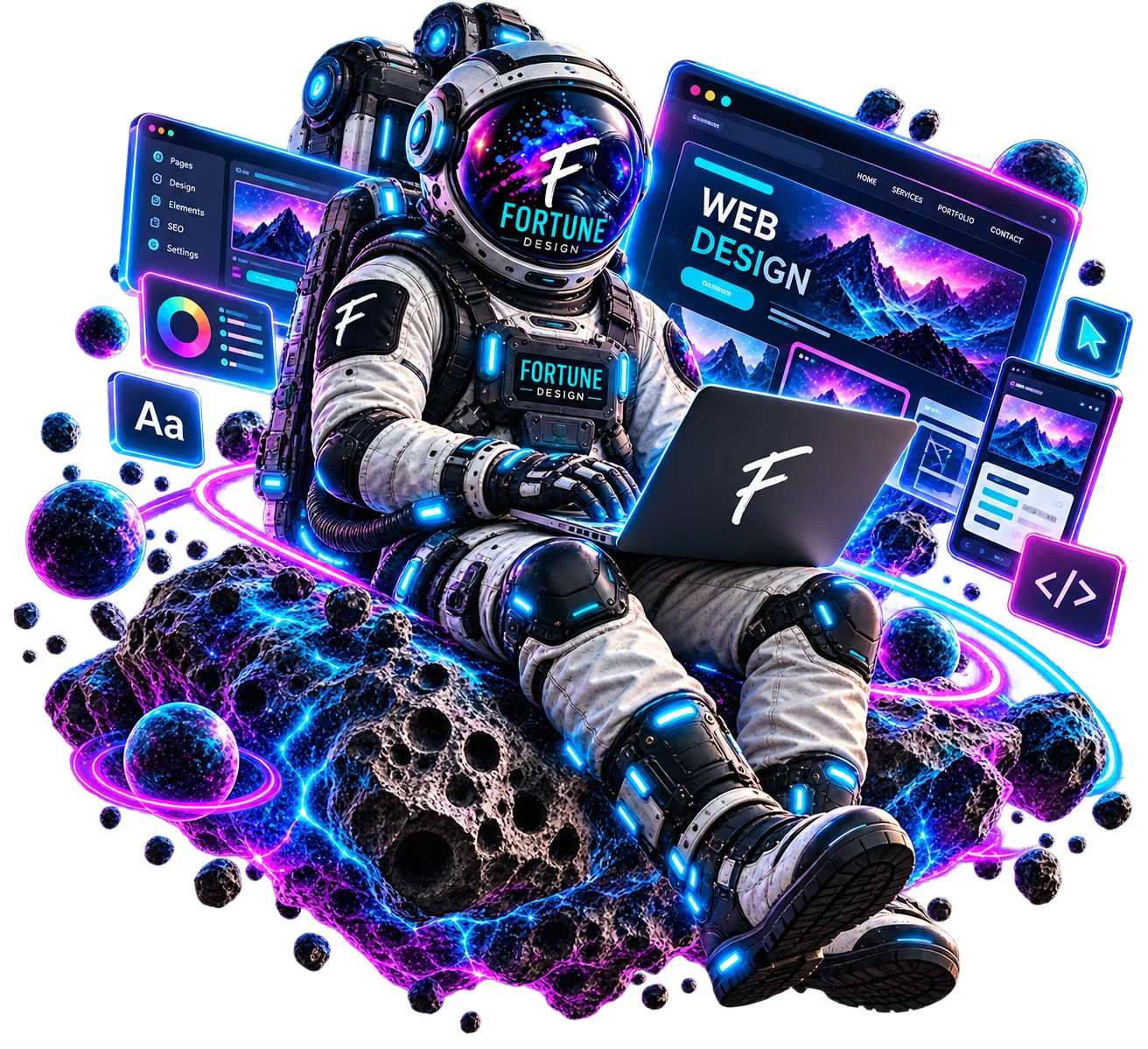Astronaut creating a web design on a laptop in space