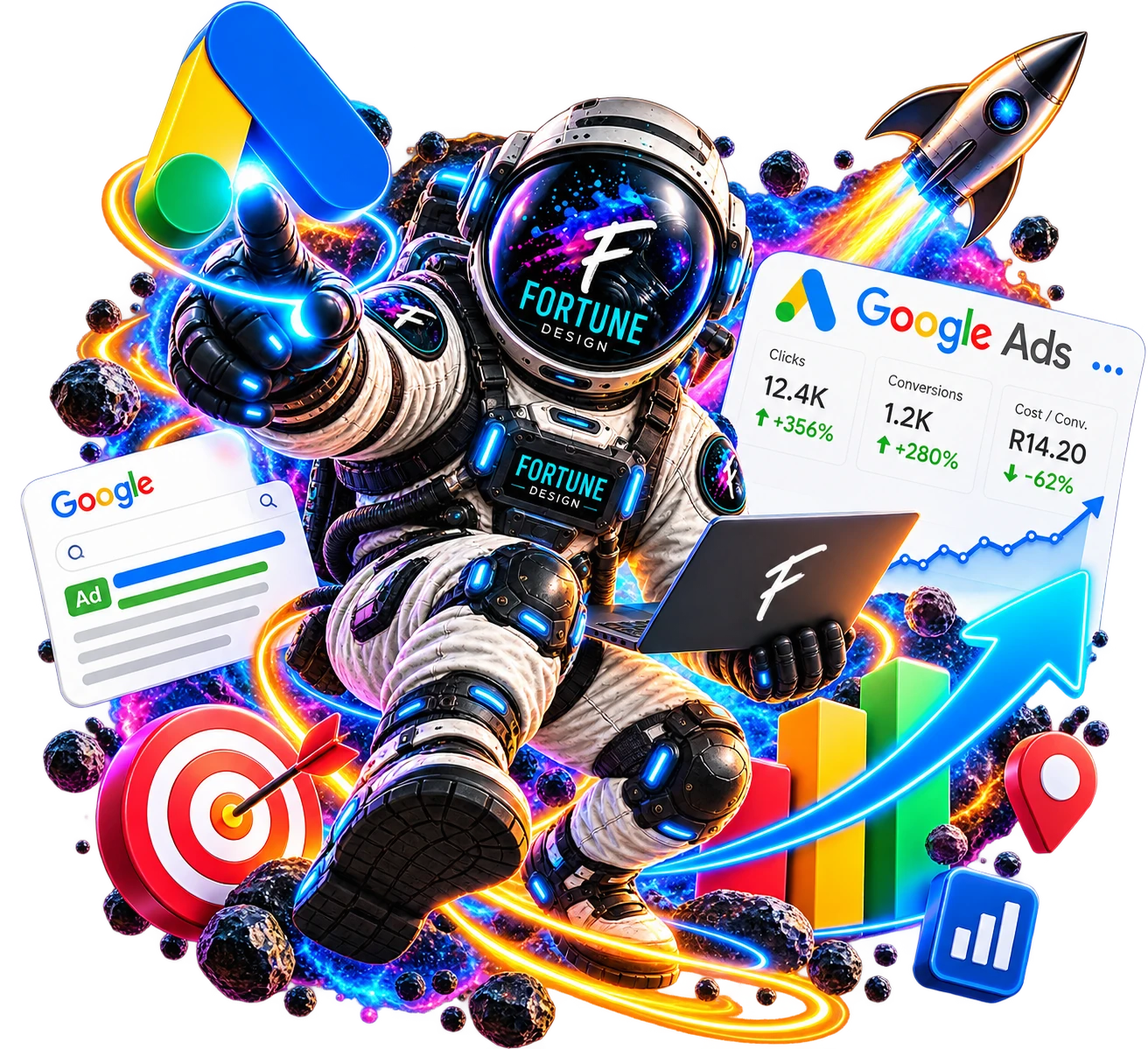 Astronaut managing Google Ads campaigns with conversion analytics and growth charts