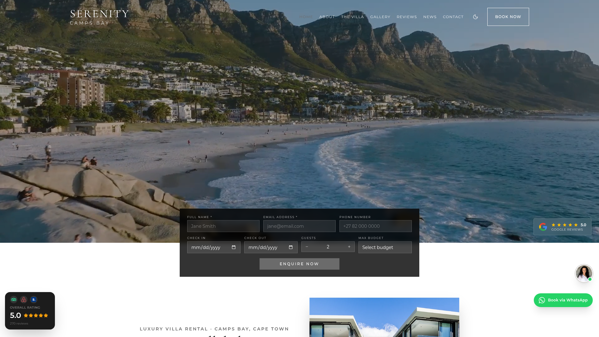 Serenity Villa website